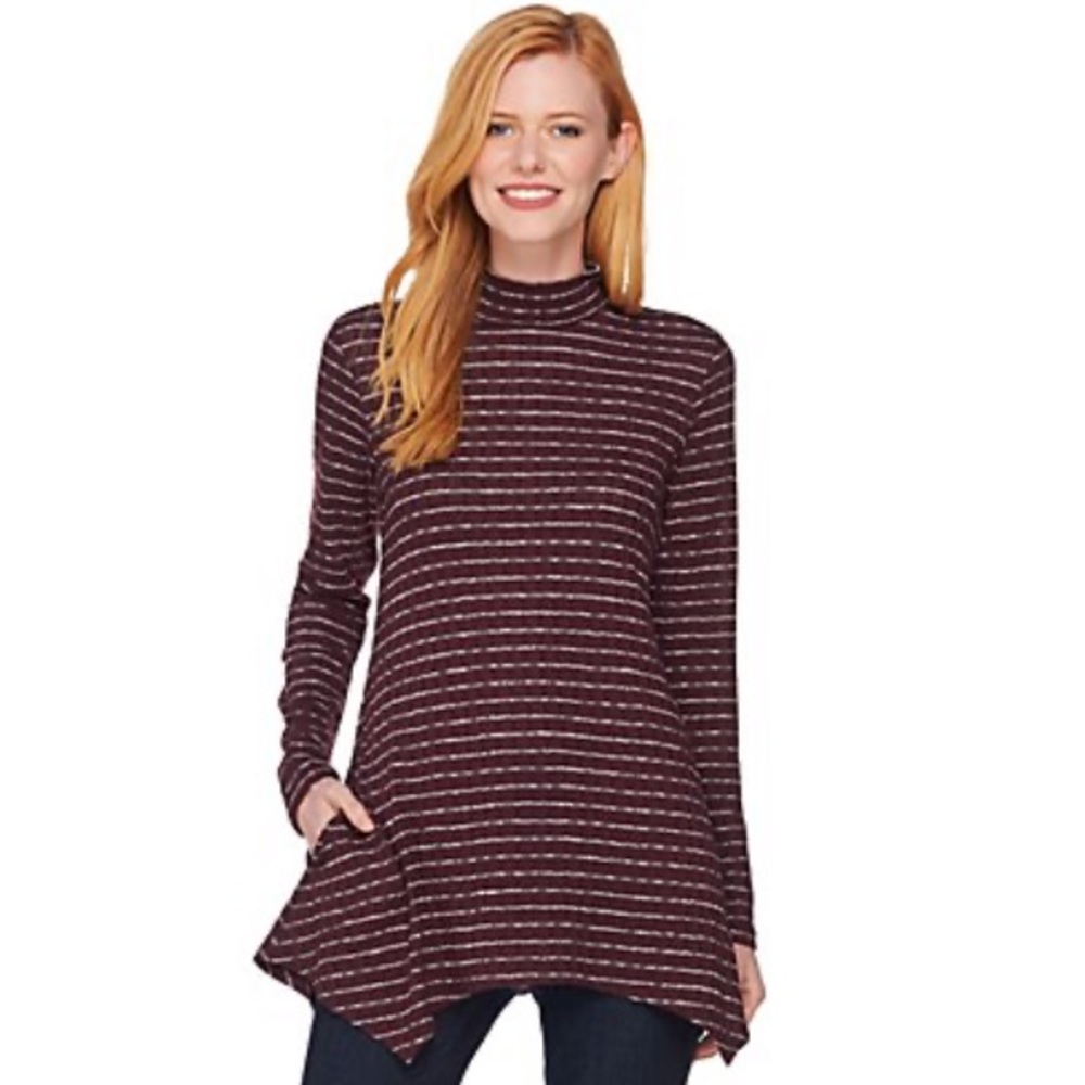 LOGO Lori Goldstein Mock Neck Striped Rib Knit Top